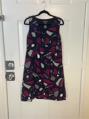 George V-Neck Midi Dress in Black with Burgundy & Gray Shapes